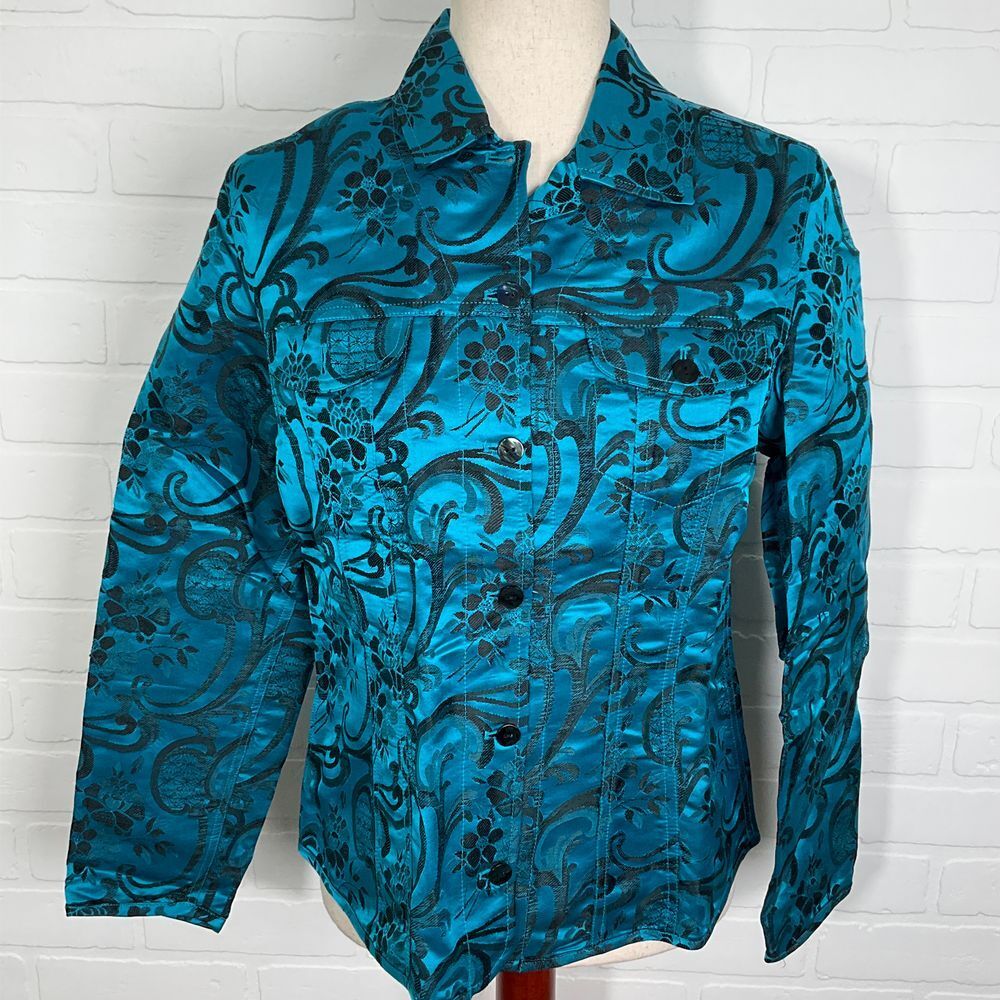 Chicos Shacket Women Small Turquoise Black Floral Embroidery Trucker Silk Jacket